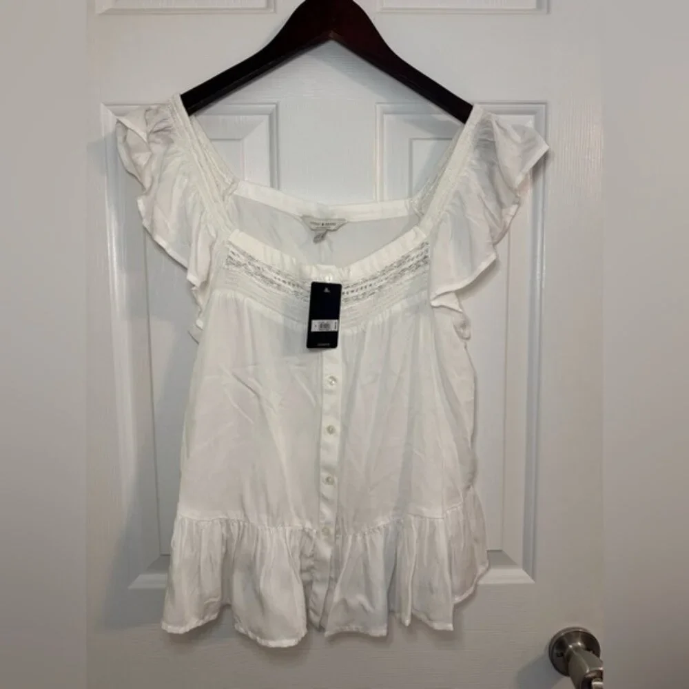 Lucky Brand Blouse Size Small NWT Square Neck Peplum White Ruffle - Picture 4 of 5